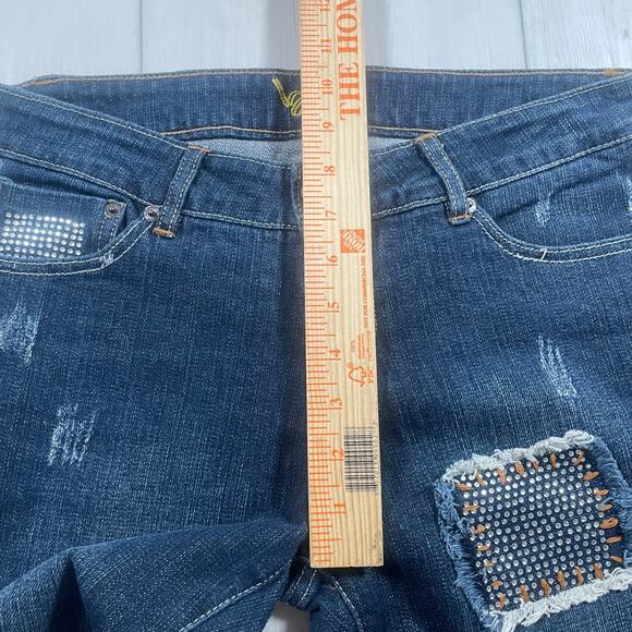 Vintage Bebe Y2k Low Rise Size 31 Flare Jeans Patchwork Rhinestone Distressed - Picture 13 of 16